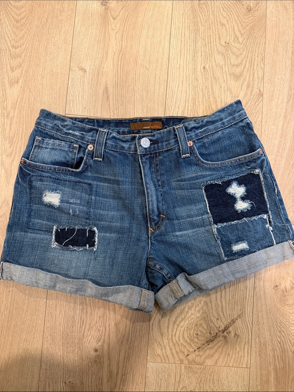 Fossil Blue Distressed Patch Denim Shorts